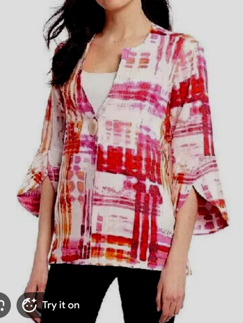 Ali Miles Jacket Womens L Linen Abstract One Button Jacket Pink Orange Artsy